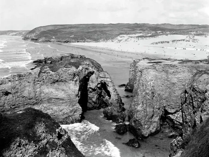 Framed Print : The Rocks and Beach at Perranporth, Cornwall, 1933
