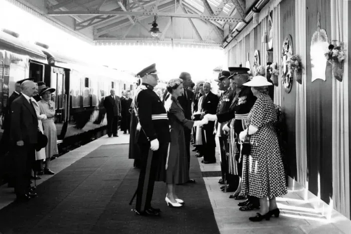 Framed Print : Royal Tour of Wales, The Queen & Prince Philip at Pembroke Town Station, 1955