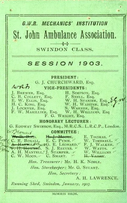 Framed Print : St John Ambulance Swindon Class Session Card, 1903 Framed Print : St John Ambulance Swindon Class Session Card, 1903