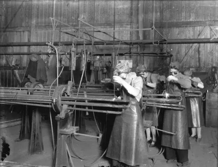 Framed Print : Swindon Works employees welding superheaters for locomotive boilers, 1942