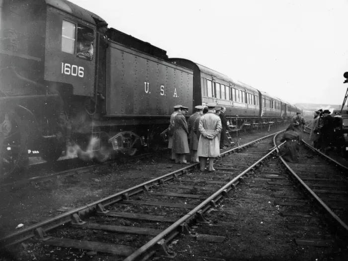 Framed Print : USA S160 2-8-0 locomotive No. 1606 coupled to an ambulance train, 1942