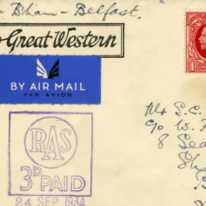 An air mail envelope stamped with the slogan Go Great Western, 1934