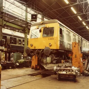 A Class 120 diesel multiple unit undergoing repair in 19 Shop at Swindon Works in about 1980