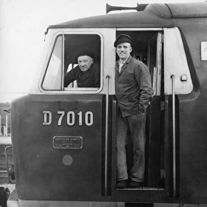 Drivers Ernie Simms and Brian Kervin on board diesel locomotive No. D7010