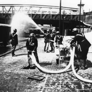 GWR fire brigade at Paddington Station taking part in a drill, c. 1940