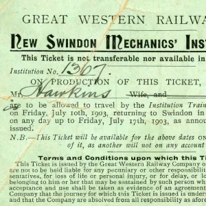 New Swindon Mechanics Institution Trip ticket issued to Mr Hawkins for a train New Swindon Mechanics Institution Trip ticket issued to Mr Hawkins for a train