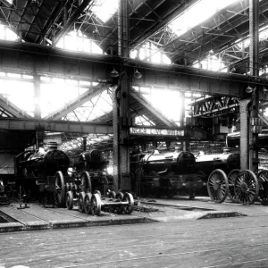 Steam locomotives undergoing repair in A Shop in 1957