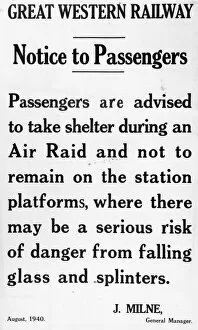 Images Dated 28th February 2014: Air Raid notice, issued to passengers in 1940