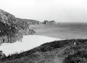 Cornwall Prints: The Beach and Cliffs at Porthcurno, Cornwall, 1928