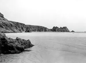 Cornwall Prints: The Beach and Cliffs at Porthcurno, Cornwall, 1928