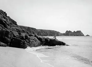 Cornwall Prints: The Beach and Cliffs at Porthcurno, Cornwall, 1928
