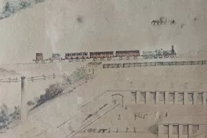Maps, Plans & Views Gallery: Detail of broad gauge locomotive and carriages at Swindon, 1849