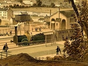 Broad Gauge Collection: Close up view of broad gauge train at Bridgend Station, c.1850