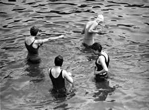 Swimming Gallery: Group of swimmers in the sea, Cornwall, 1931