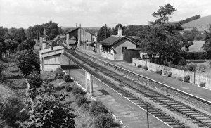 Prints of A view of Heytesbury station near Warminster in Wiltshire, looking towards Westbury. This image shows the goods shed and station buildings. Heytesbury station opened in 1856 and closed in 1955 Wiltshire Stations Prints: Heytesbury Station, Wiltshire