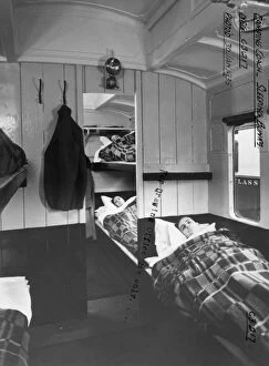 Camping Gallery: Interior of Camp Coach showing bunk beds, 1935