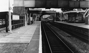 Prints of A view of Melksham station in Wiltshire, c.1960, looking south past the road bridge. Melksham station opened in 1848, closed in 1966, but reopened in 1985 Wiltshire Stations Prints: Melksham Station, c. 1960