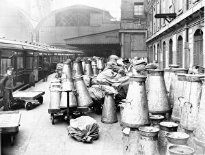 Paddington Gallery: Empty milk churns on Paddington Station, c.1914