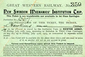 1900s Prints: New Swindon Mechanics Institution Trip ticket issued to Mr Hawkins for a train