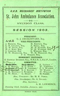 Ambulance Prints: St John Ambulance Swindon Class Session Card, 1903